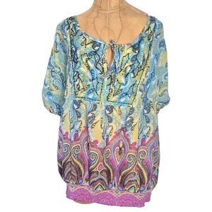New Directions Blue & Yellow Paisley Print Beaded Blouse Size Medium